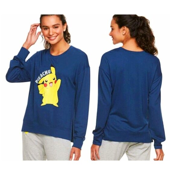 Pokemon Tops - Pokemon Women's Pikachu Graphic Long Sleeve Shirt Navy Blue Size Large